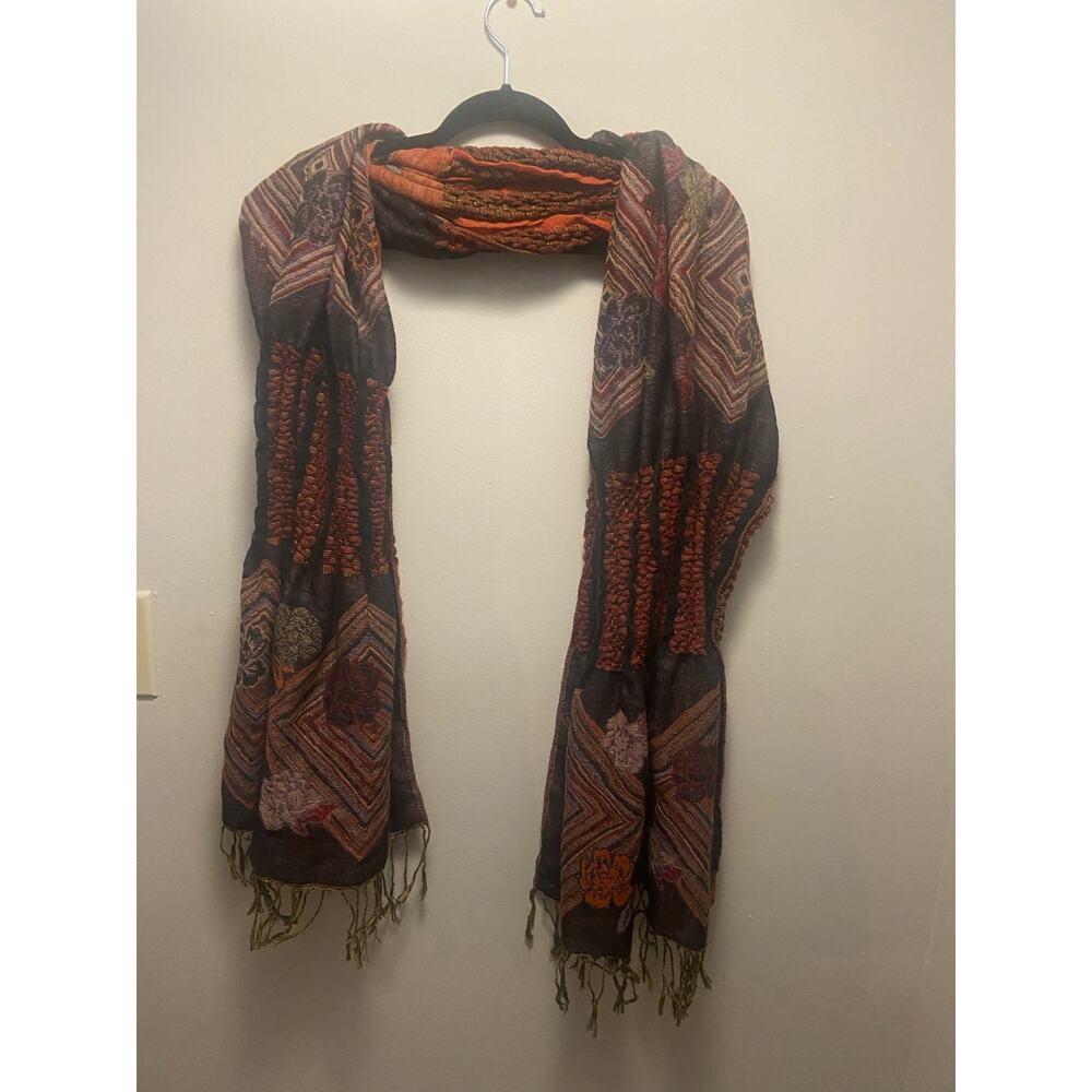 Boho Embroidered Fringe Scarf - Earthy Tones & Textured Design